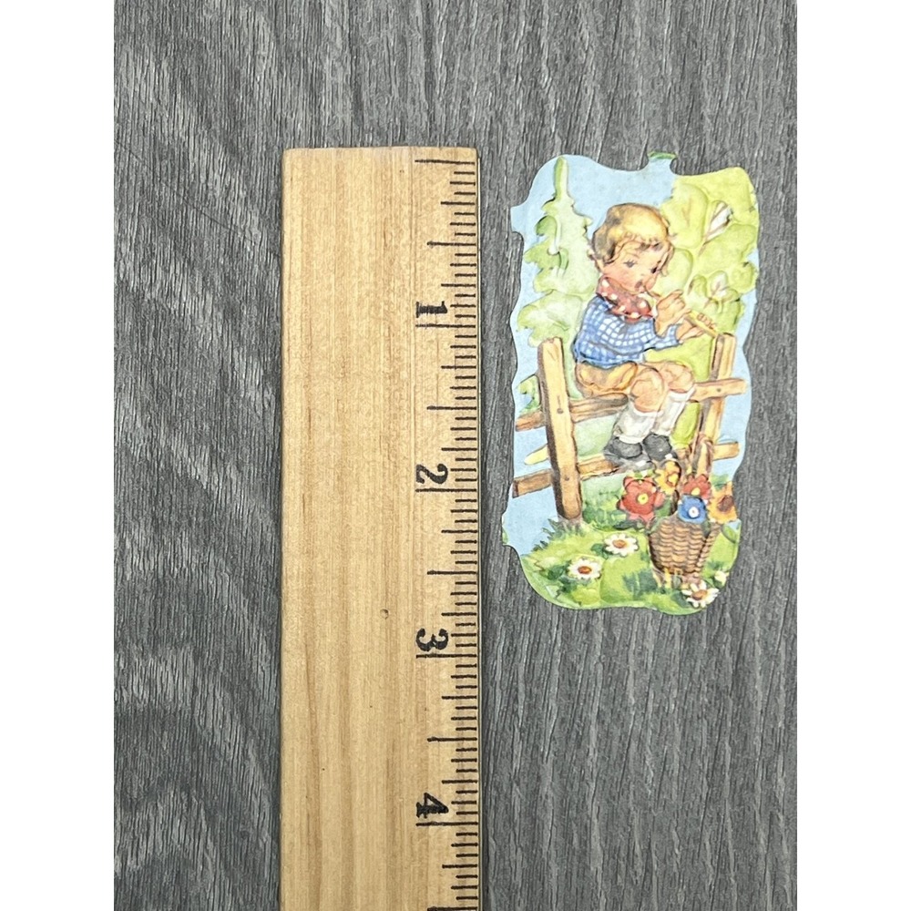 Antique Die-Cut Scrap Boy on Fence with Flowers Ephemera Spring Art - Picture 3 of 4